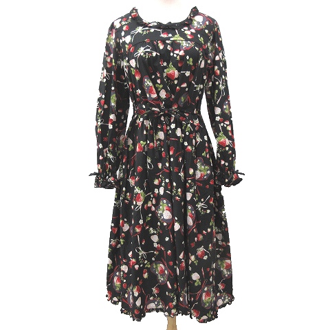 未使用品 ピンクハウス Pink House ss メリーストロベリー ワンピース ミディ丈 ピコフリル 長袖 リボン いちご メルローズ 1 フリーサイズ 黒 ブラック Ibo1 レディース 052 ベクトルパーク