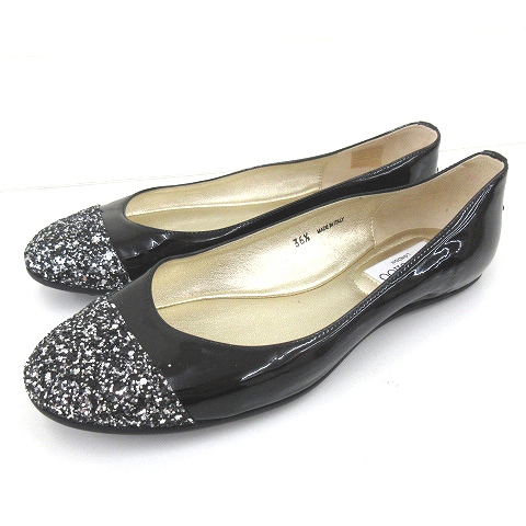 未使用品 ジミーチュウ Jimmy Choo バレエシューズ フラットシューズ グリッター ラメ パテントレザー ロゴプレート 36ハーフ 23 5cm 黒 ブラック N Ibo1 レディース 052 ベクトルパーク