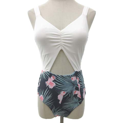 未使用品 アリシアスタン Alexia Stam 18ss タグ付き モノキニ 水着 オウム リーフ柄 スイムウエア S 白 ネイビー レディース 052 ベクトルパーク
