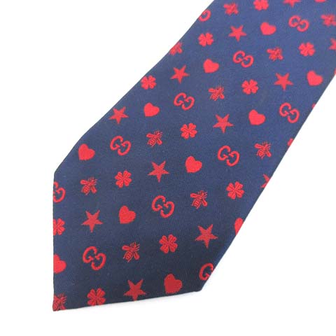 グッチ GUCCI ネクタイ 総柄 ハート 蜂 ビー クローバー GG シルク 