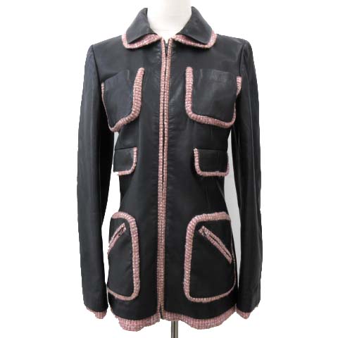 シャネル CHANEL 03A レザー ジャケット カーフレザー × ツイード 
