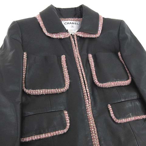 シャネル CHANEL 03A レザー ジャケット カーフレザー × ツイード 