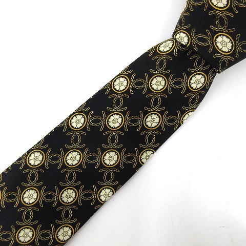 シャネル Chanel 美品 シルク100 ネクタイ ココマーク チェーン 花柄 総柄 ワイドタイ ビジネス フォーマル 黒 ブラック N メンズ 052 ベクトルパーク