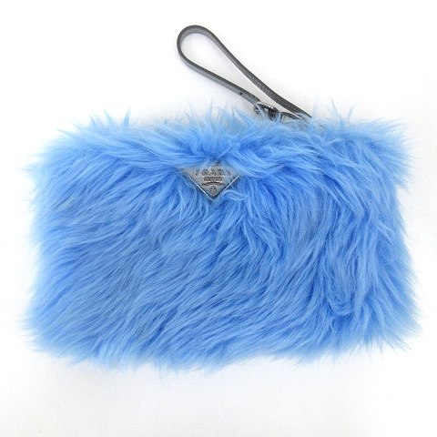プラダ PRADA 美品 エコファー ポーチ 1N1530 ECO PELLICCIA AZZURRO 