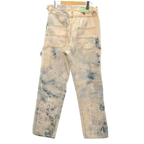 オフホワイト Off White ss デニム パンツ ジーンズ ワイドシルエット ダメージ加工 ペンキ ブランドロゴ ロゴボタン コットン 32 M 白 ホワイト Kmh1 メンズ 052 ベクトルパーク