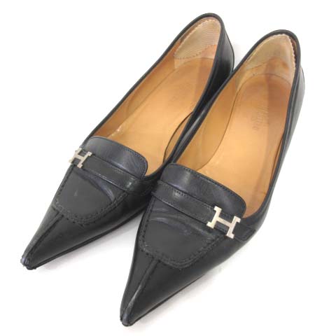 エルメス Hermes フラットパンプス H金具 ポインテッドトゥ ローヒール レザー フォーマルシューズ 36 23 相当 黒 ブラック Ibo23 レディース 052 ベクトルパーク
