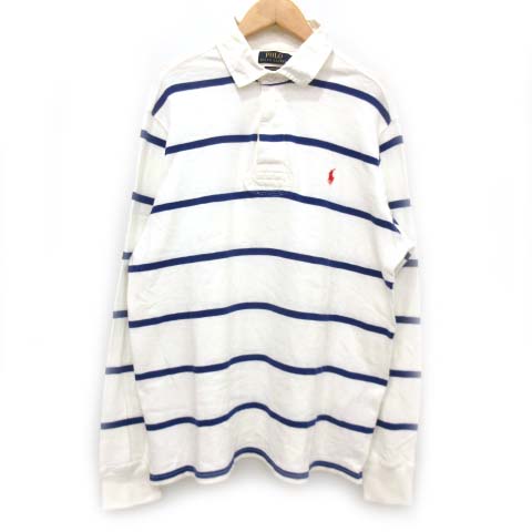 ポロ ラルフローレン Polo Ralph Lauren ポロシャツ ラガーシャツ 長袖 ボーダー ワンポイント 刺繍 ロゴ スリット コットン カジュアル L 白 ホワイト 国内正規 メンズ 052 ベクトルパーク