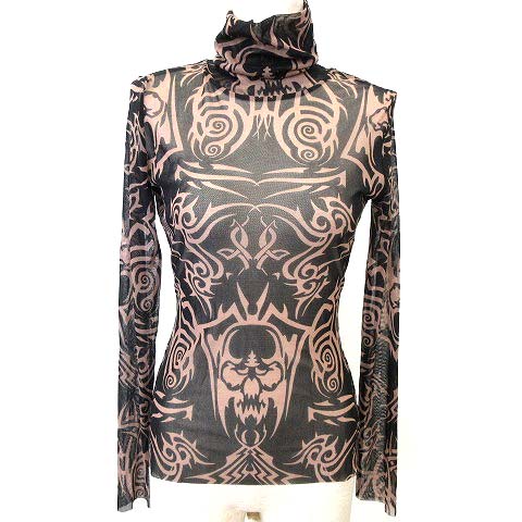 ジャンポールゴルチエ Jean Paul GAULTIER 美品 パワーネット トライバル 長袖 カットソー シャツ シースルー クルーネック 薄手 総柄 ナイロン100% 40 M~Lサイズ相当 黒 ブラック ベージュ IBO24 レディース
