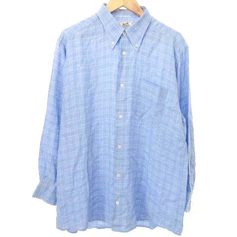 エルメス HERMES シャツ ボタンダウン 長袖 薄手 チェック リネン混 胸  