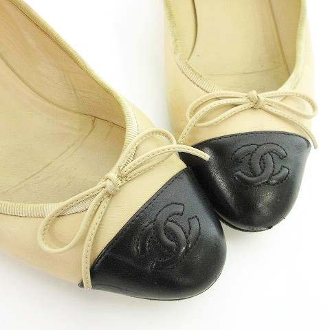 シャネル CHANEL フラット シューズ ココマーク リボン バイカラー 