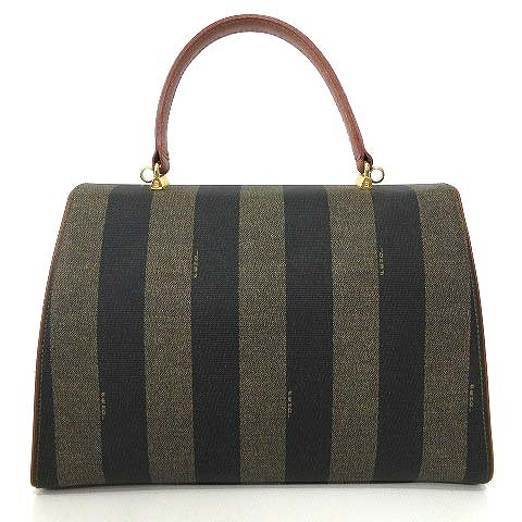 フェンディ FENDI 美品 ペカン ハンドバッグ フラップ ストライプ 茶 