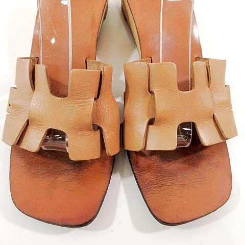 良品 HERMES エルメス Hサンダル ミュール ウッドソール レザーブラウン 良品 HERMES エルメス Hサンダル ミュール ウッドソール レザーブラウン