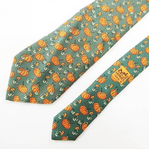 エルメス HERMES シルク ネクタイ レギュラータイ かぼちゃ柄 総柄 緑 エルメス HERMES シルク ネクタイ レギュラータイ かぼちゃ柄 総柄 緑