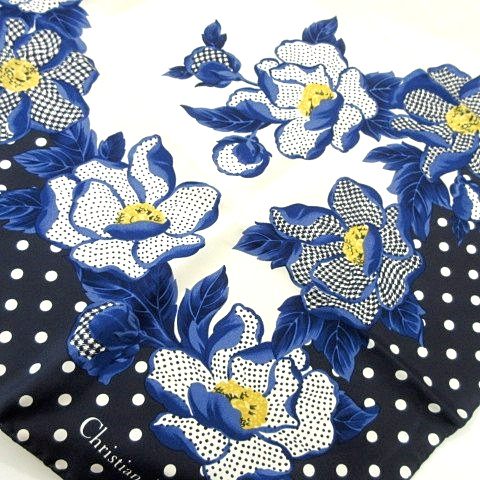 Christian Dior 花柄スカーフ ネイビー Christian Dior 花柄シルク