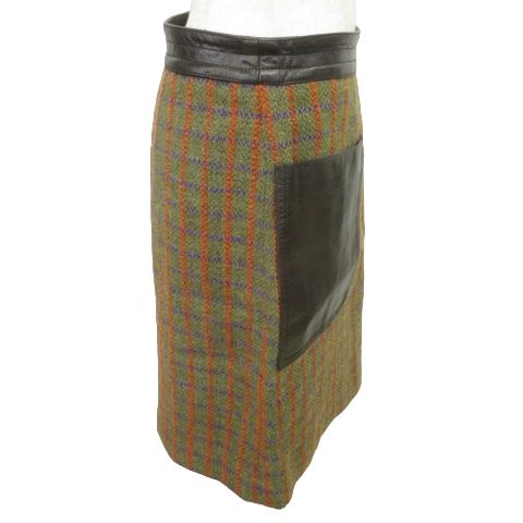 エトロ ETRO ひざ丈 スカート ツイード レザー 40 緑系マルチカラー 