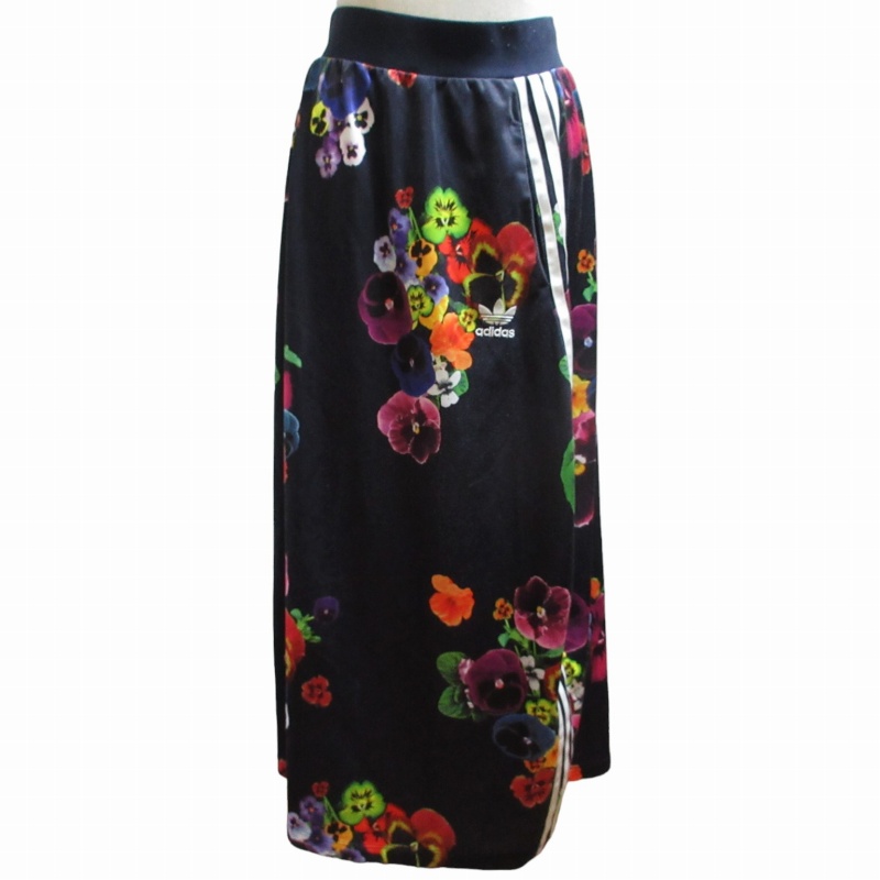 アディダス adidas ロングスカート 花柄 ライン 紺 ネイビー 紫 M  