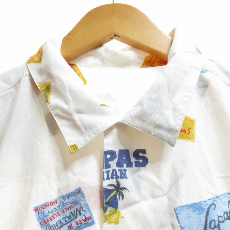 パパス Papas アロハシャツ 総柄 レーヨン 半袖 Mサイズ 白