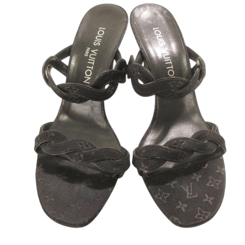 LOUIS VUITTON ルイヴィトン ヒール ストラップ ミュール LVロゴ チャンキーヒール サンダル レザー ブラック アンクル