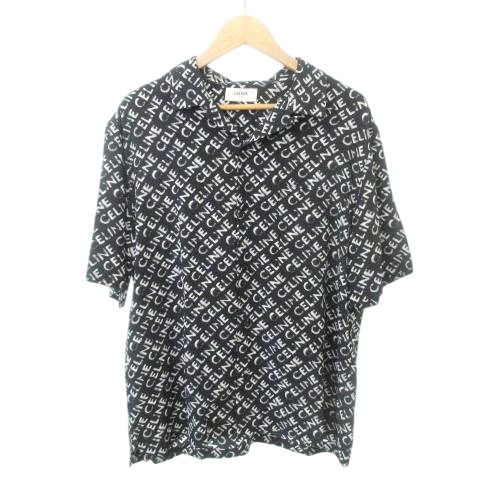 【中古】セリーヌ 2C946748T.38CE 23AW ロゴプリント オープンカラー シャツ 半袖 薄手 39 約M〜Lサイズ黒 メンズ セリーヌ CELINE 2C946748T.38CE 23AW ロゴプリント オープンカラー