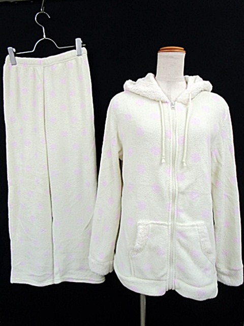 未使用品 プチプリンセス Petite Princess セットアップ 上下2点セット ルームウェア 部屋着 モコモコ パイル パーカー ロングパンツ ドット 水玉 M L オフホワイト 白 レディース 053 ベクトルパーク