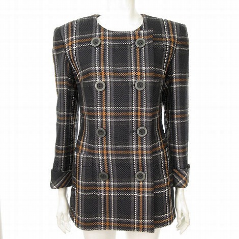 銀座マギー プレタポルテ ノーカラージャケット ウール チェック柄 ダブルボタン 9号 グレー オレンジ 白 Ibs63 レディース 053 ベクトルパーク