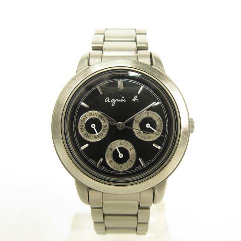 アニエスベー Agnes B V33j 00 デイデイト Titanium チタン クオーツ 腕時計 黒文字盤 シルバー系 レディース 053 ベクトルパーク