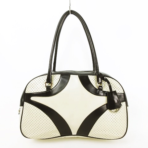 プラダ Prada Vitello Drive レザーボストン パンチング バイカラー ダイヤルキー キーリング ボストンバッグ ミニボストン アイボリー ブラック 黒 メンズ レディース 053 ベクトルパーク