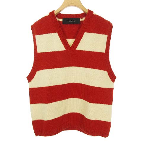 グッチ Gucci Vネック ボーダー ニット ベスト プルオーバー L レッド 国内正規品 Ecr3 メンズ 053 ベクトルパーク