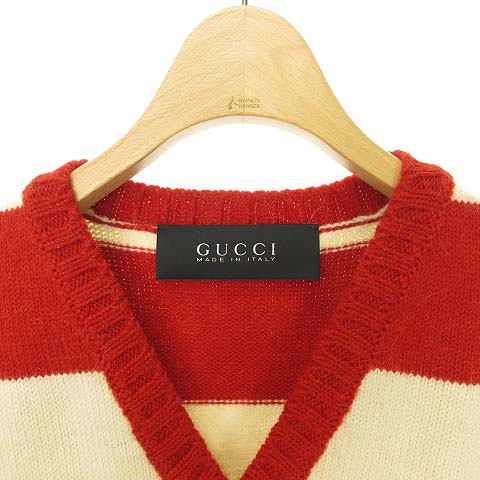 グッチ GUCCI Vネック ボーダー ニット ベスト プルオーバー L レッド 