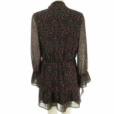 ザラ ベーシック Zara Basic ワンピース 小花柄 プリントシフォン楊柳 ギャザー M 黒 赤 ブラック レディース 053 ベクトルパーク