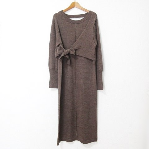 イエナ Iena 美品 Slobe Citron ニットワンピース ロング丈 長袖 レイヤード リボン ウール 茶 ブラウン M位 レディース 053 ベクトルパーク