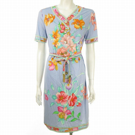 レオナール Leonard Fashion ワンピース 花柄 総柄 コットンカットソー Vネック ショートスリーブ ゴールドロゴボタン マルチカラー M レディース 053 ベクトルパーク