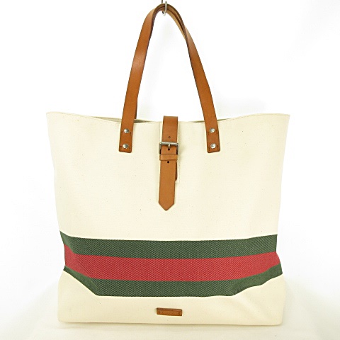グッチ Gucci ウェビングライン トートバッグ キャンバス レザー ナチュラル ブラウン メンズ 053 ベクトルパーク