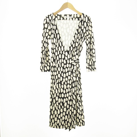 ダイアンフォンファステンバーグ Diane Von Furstenberg シルク ラップワンピース ウエストリボン 総柄 ストレッチ ジャージ生地 0 ブラック 黒 オフホワイト 白 Ibo18 レディース 053 ベクトルパーク