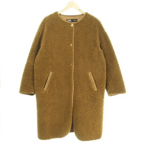 ザラ Zara フェイクムートン コート 表ボア ロング ノーカラー ゆったりシルエット S ブラウン 茶 レディース 053 ベクトルパーク