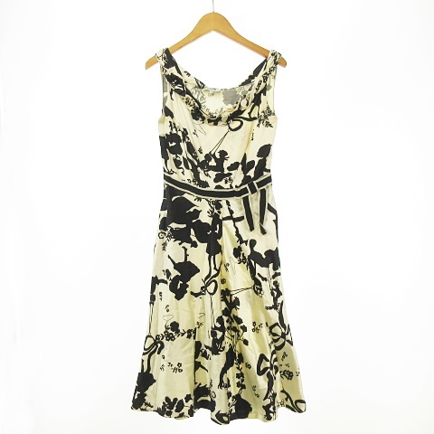 開店記念セール ワンピース Chic And Cheap Moschino モスキーノチープアンドシック シルク レディース 黒 ブラック アイボリー クリーム色 S ノースリーブ 総柄 女性 子供 ブランコ 花柄 ビジュー グログランリボン ワンピース Www Ntfw Org