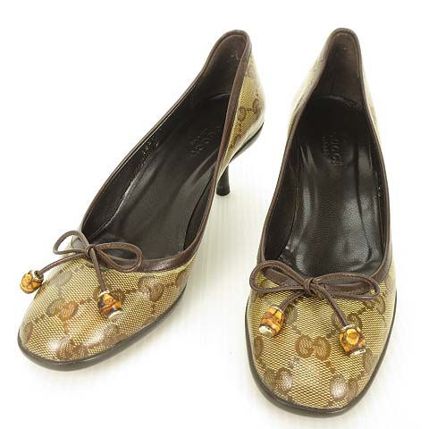 グッチ GUCCI GG柄 コーティング キャンバス パンプス バンブー リボン 