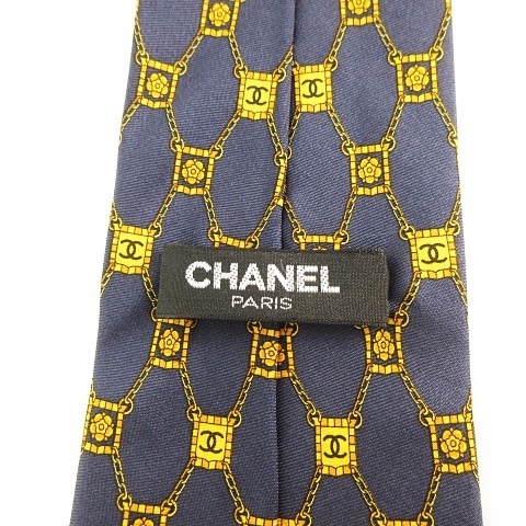 CHANEL ネクタイ ネイビー イエロー系 ココマーク 花柄 チェーン シャネル CHANEL ネクタイ ココ チェーン柄 花柄 総柄 ココ