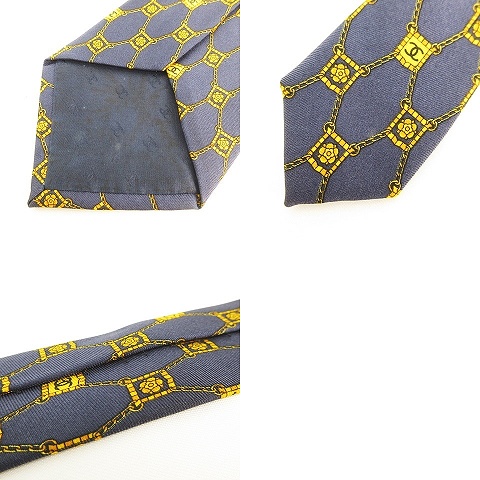 CHANEL ネクタイ ネイビー イエロー系 ココマーク 花柄 チェーン シャネル CHANEL ネクタイ ココ チェーン柄 花柄 総柄 ココ