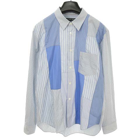コムデギャルソンオムドゥ Comme Des Garcons Homme Deux 21ss カーブパッチワークデザイン ストライプ シャツ M ブルー Ad メンズ 053 ベクトルパーク