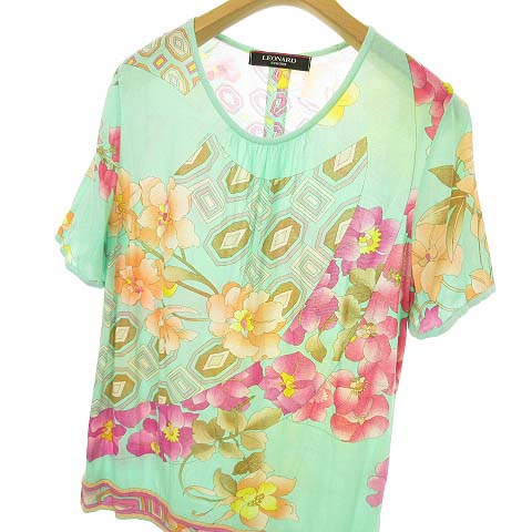レオナール LEONARD Fashion ニット カットソー トップス レーヨン コットン 花柄 総柄 半袖 42 グリーン系 IBO27 レディース 【2022 レオナール レディース ジャケット オフホワイト レーヨン 綿 テーラードジャケット