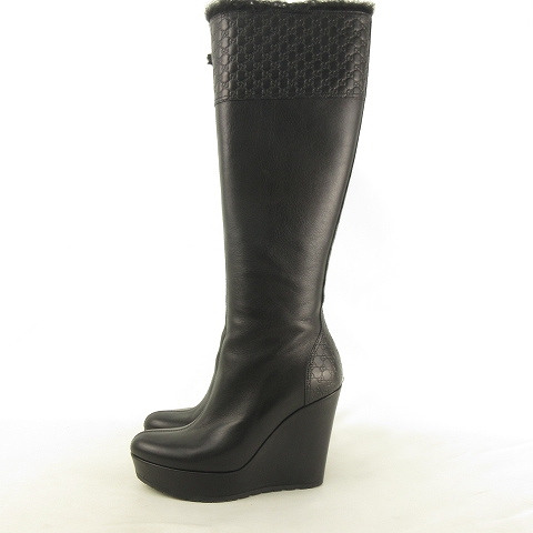 グッチ GUCCI 美品 296265 GGロゴ サイドジップ ロング ブーツ レザー 