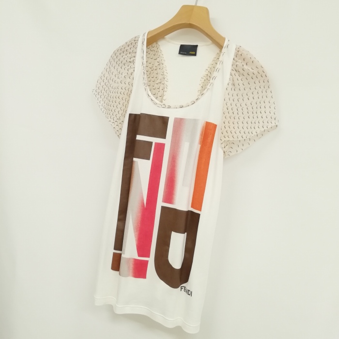 フェンディ FENDI ロゴ カットソー トップス シフォン切替 38 ホワイト 