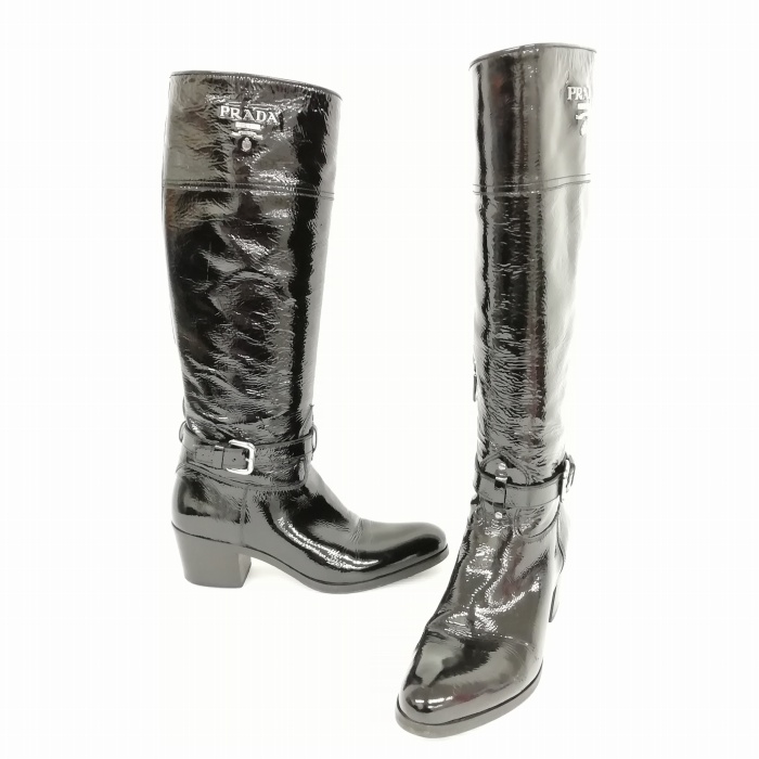 プラダ PRADA パテント レザー ロング ブーツ サイド ロゴ 35.5 