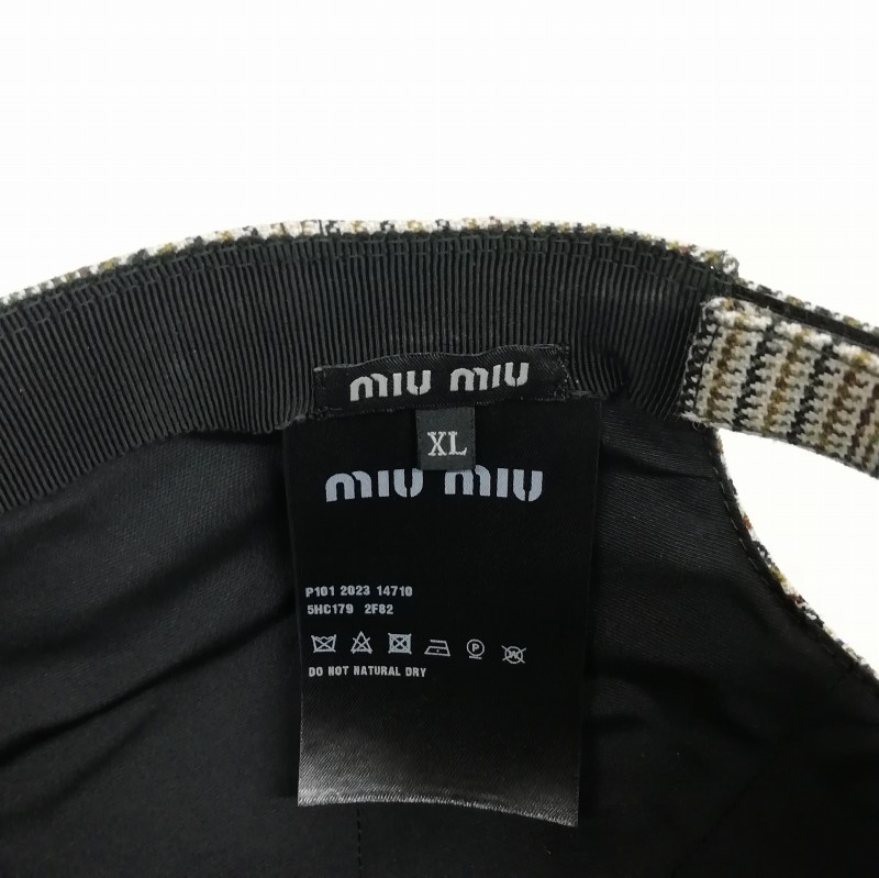 未使用 ミュウミュウ キャップ チェック ベージュ ブラック ウール M ミュウミュウ miumiu 2023 ロゴ グレンチェック ウール キャップ