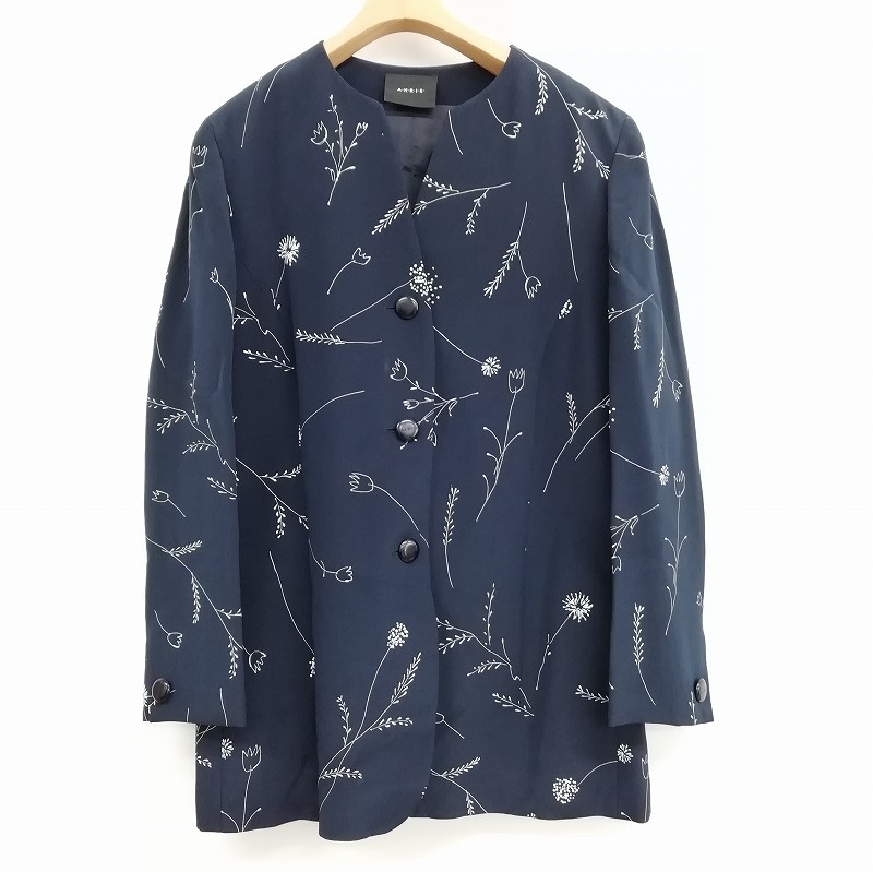 アクリス AKRIS ジャケット Vネック 花柄 ノーカラー 長袖 シルク L 