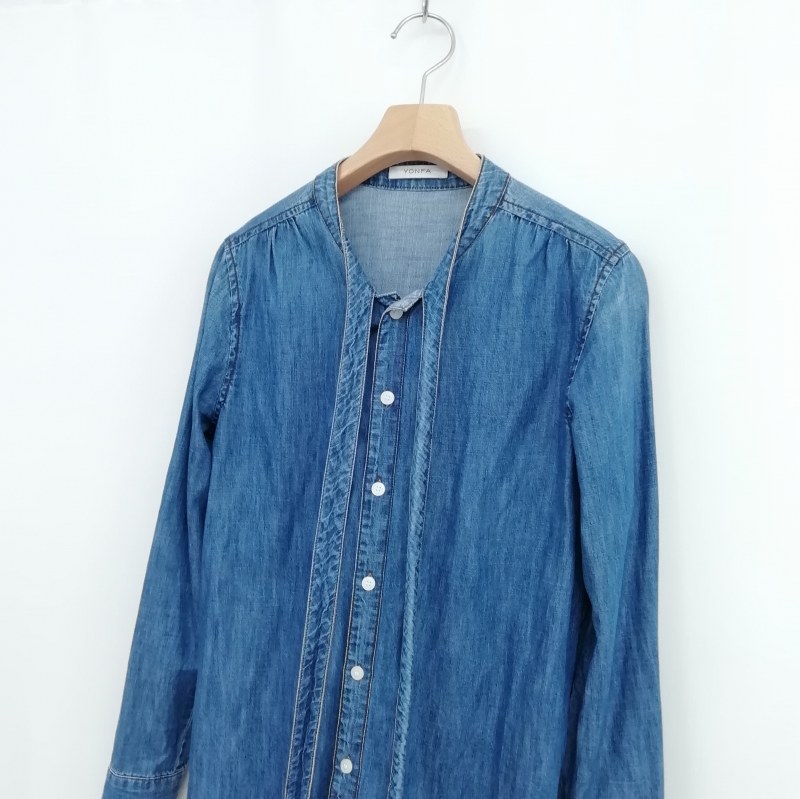 ヨンファ YONFA リボン バンドカラー デニム シャツ トップス 長袖