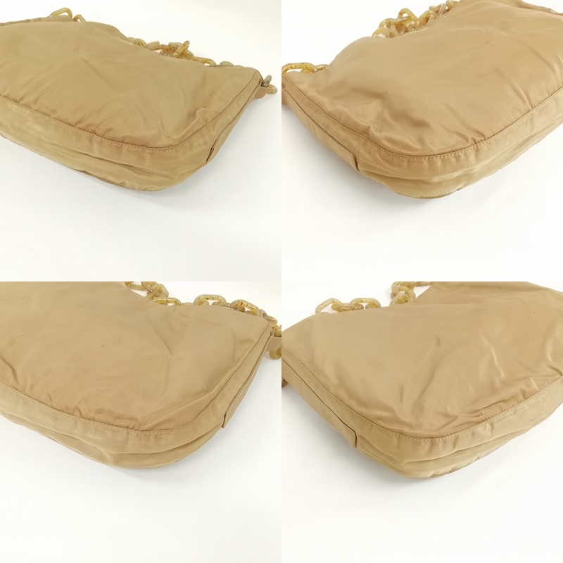 プラダ PRADA ナイロン チェーン ショルダーバッグ ロゴ刺繍 ベージュ