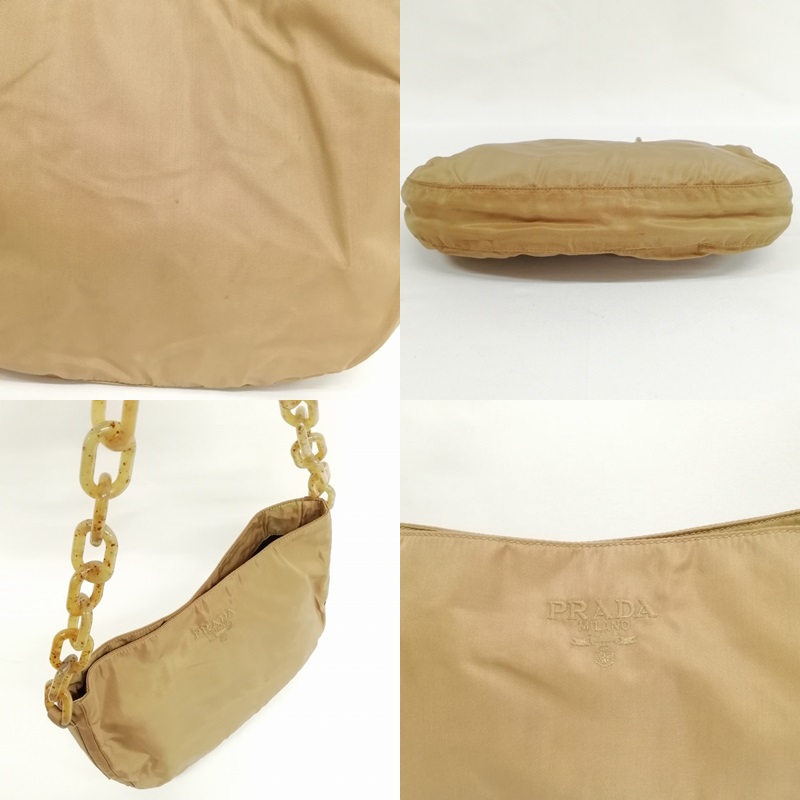プラダ PRADA ナイロン チェーン ショルダーバッグ ロゴ刺繍 ベージュ