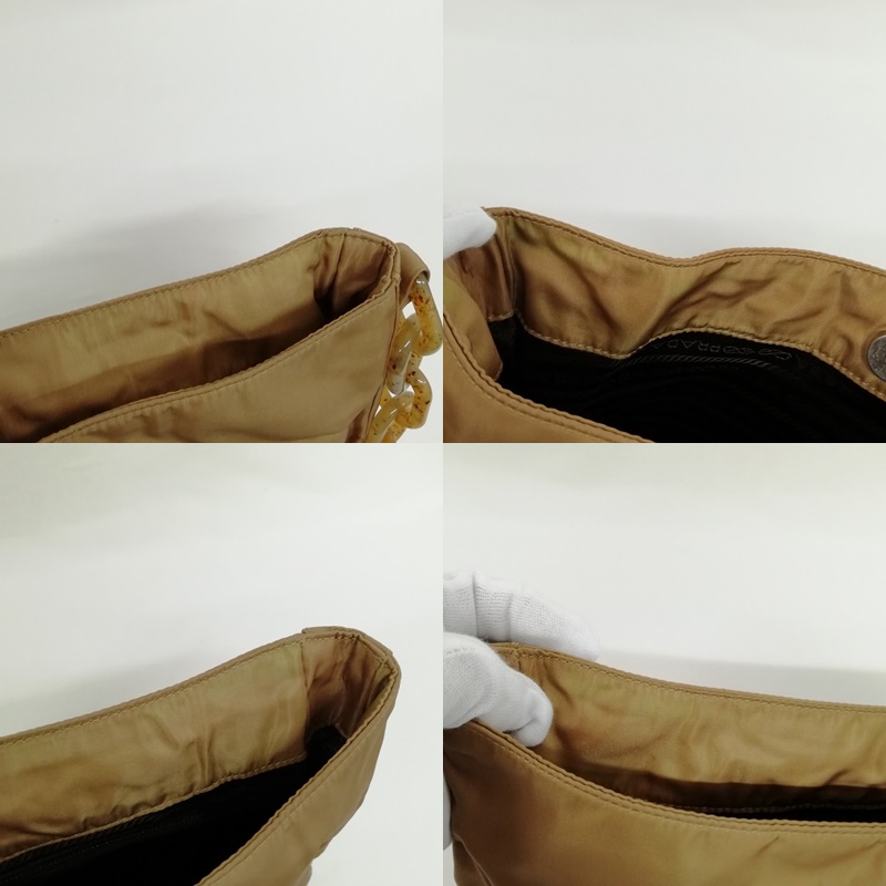 プラダ PRADA ナイロン チェーン ショルダーバッグ ロゴ刺繍 ベージュ